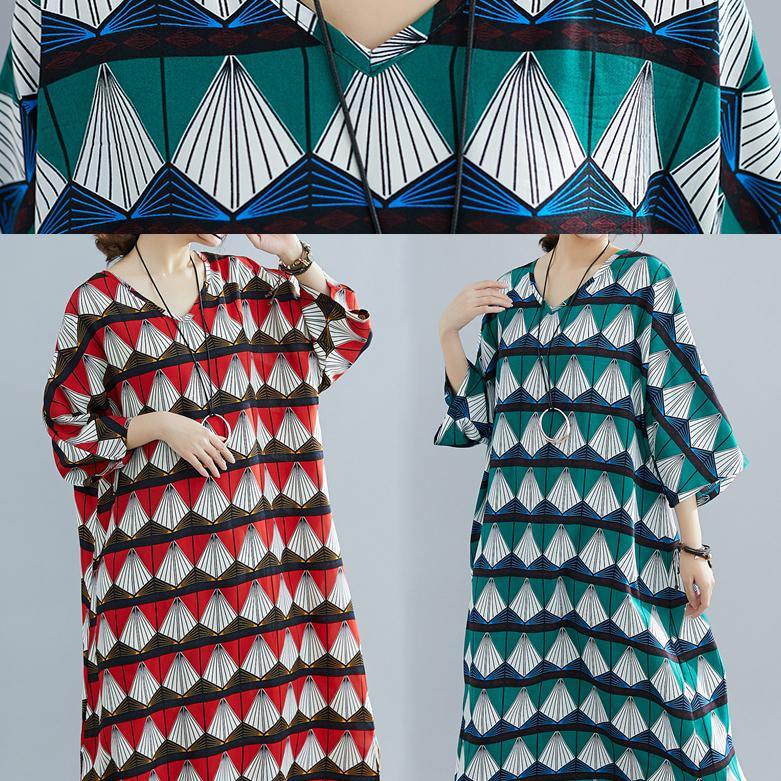 Green Prints Cotton Tunic Catwalk Bracelet Sleeved Long Summer Dresses