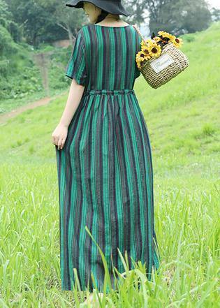 Green Striped Cotton Long Shirts Drawstring Loose Summer Dresses