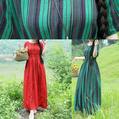 Green Striped Cotton Long Shirts Drawstring Loose Summer Dresses