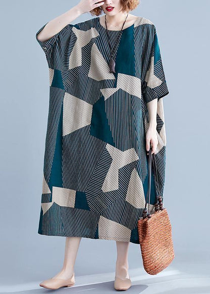 Green Striped Cotton Clothes for O Neck Half Sleeve Clothing Summer Dress