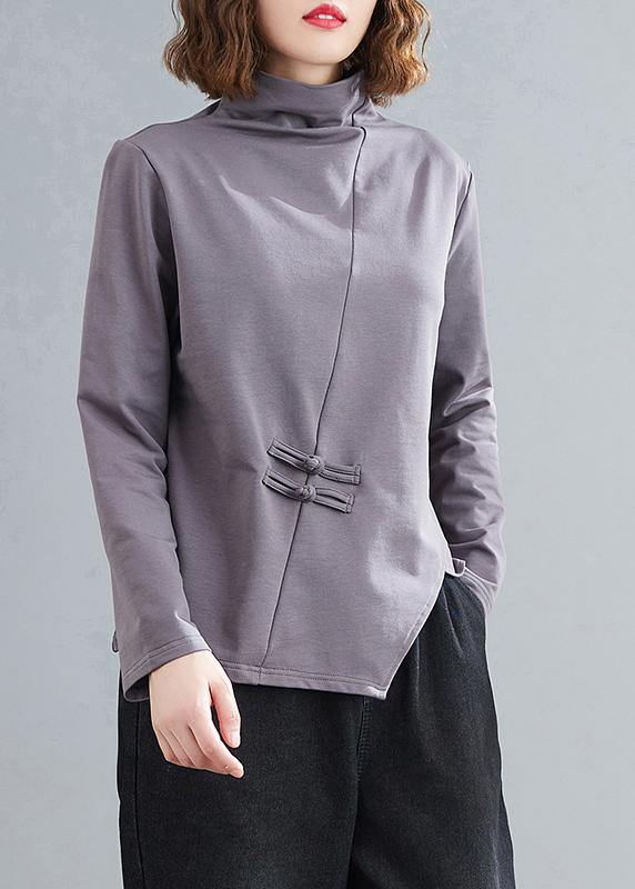 High Neck Chinese Button Clothes Tunic Tops Gray Blouses