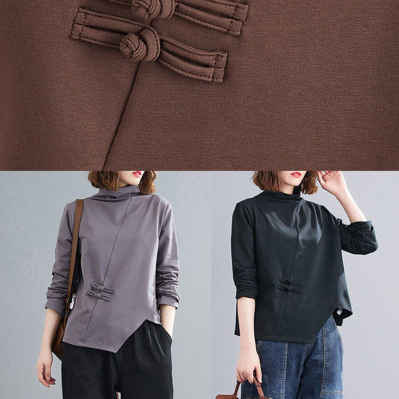 High Neck Chinese Button Clothes Tunic Tops Gray Blouses