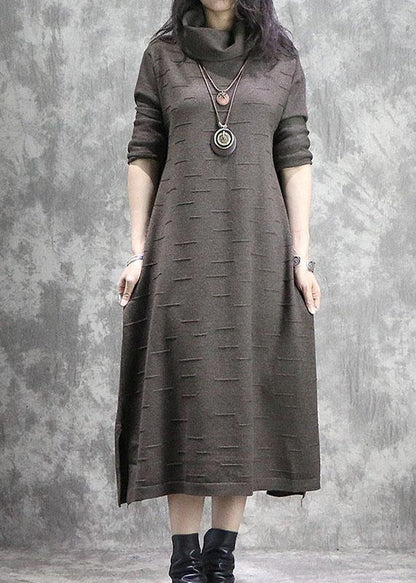 High Neck Sweater Weather Moda Dark Khaki Side Open Daily Knitwear Fall