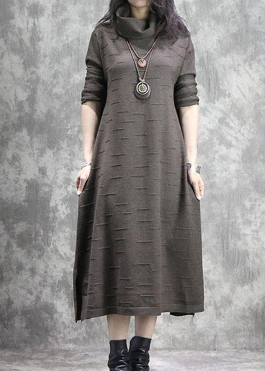 High Neck Sweater Weather Moda Dark Khaki Side Open Daily Knitwear Fall