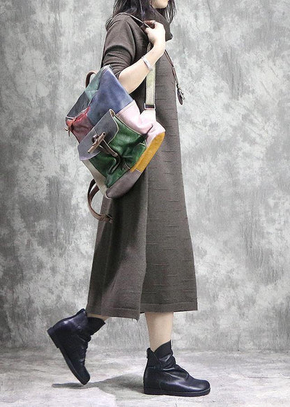 High Neck Sweater Weather Moda Dark Khaki Side Open Daily Knitwear Fall