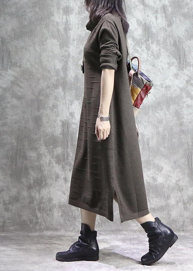 High Neck Sweater Weather Moda Dark Khaki Side Open Daily Knitwear Fall