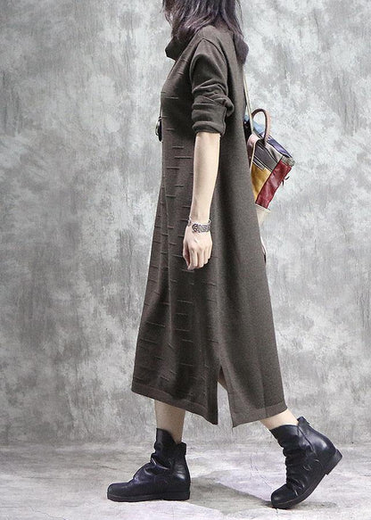 High Neck Sweater Weather Moda Dark Khaki Side Open Daily Knitwear Fall