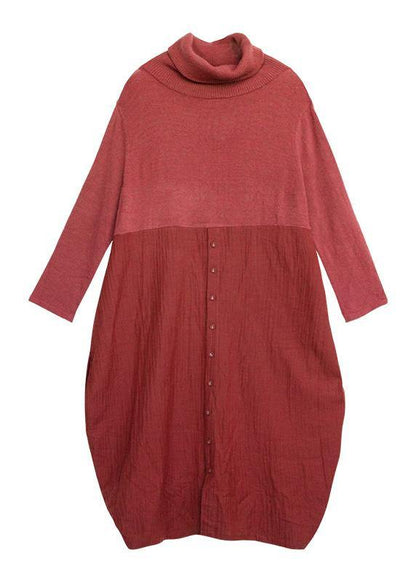 High Neck Asymmetric Sweater Outfits Street Style Red Fuzzy Sweater Dress