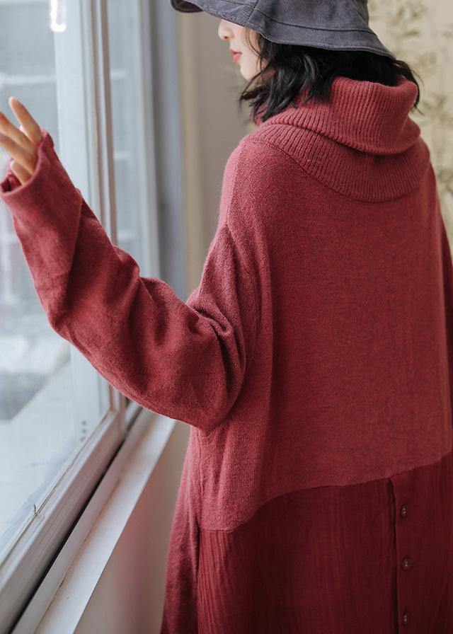 High Neck Asymmetric Sweater Outfits Street Style Red Fuzzy Sweater Dress
