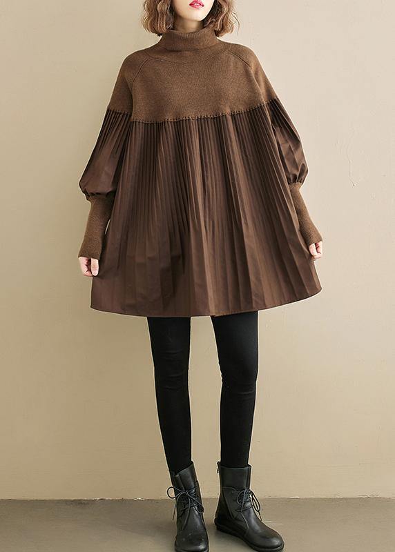 High Neck Cinched Cotton Tunic Pattern Chocolate Plaid Tops