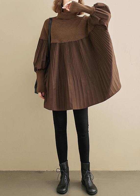 High Neck Cinched Cotton Tunic Pattern Chocolate Plaid Tops
