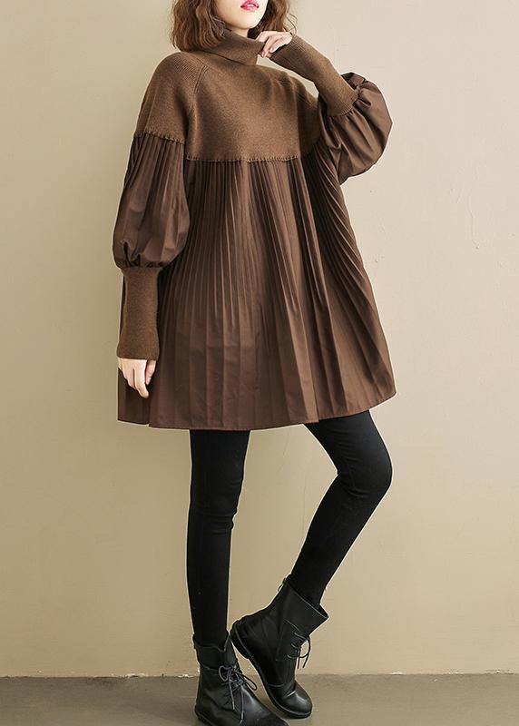 High Neck Cinched Cotton Tunic Pattern Chocolate Plaid Tops