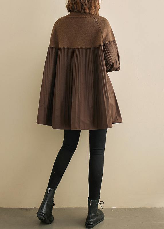Women high neck Cinched cotton tunic pattern chocolate plaid tops