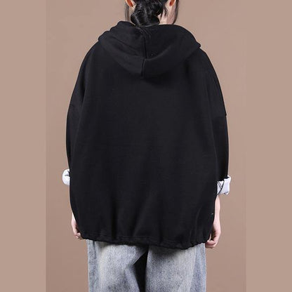 Hooded Drawstring Fine Fall Coats Black Loose Jackets