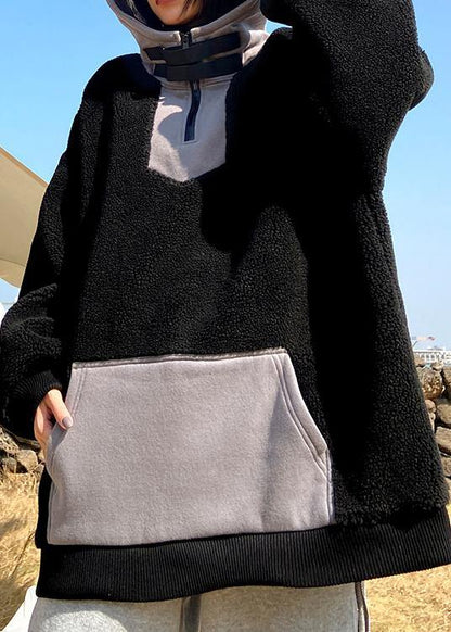 Hooded Zippered Spring Clothes Black Fuzzy Wool Tops