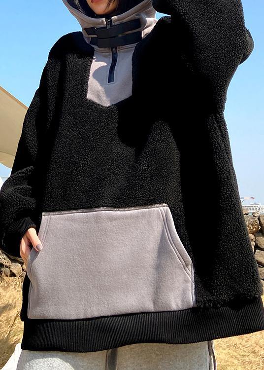 Hooded Zippered Spring Clothes Black Fuzzy Wool Tops