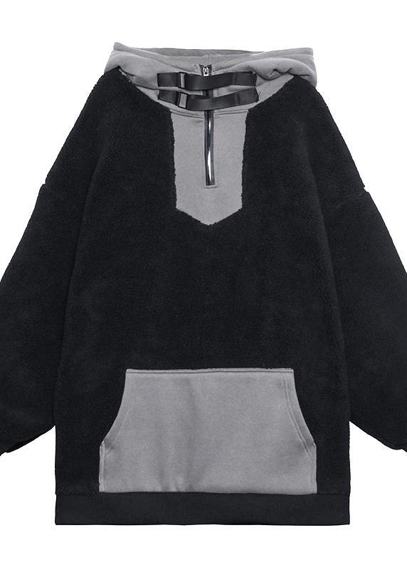 Hooded Zippered Spring Clothes Black Fuzzy Wool Tops