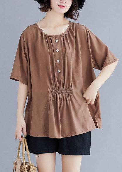 Khaki Cotton Clothes O Neck Half Sleeve Box Summer Top