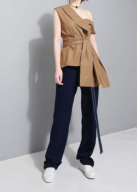 Khaki Cotton Clothes Tie Waist Art Summer Asymmetric Off the Shoulder Shirt