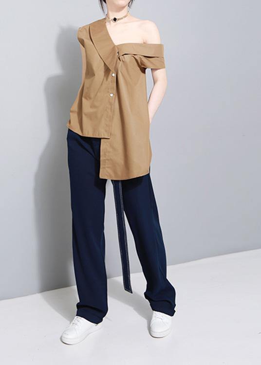 Khaki Cotton Clothes Tie Waist Art Summer Asymmetric Off the Shoulder Shirt