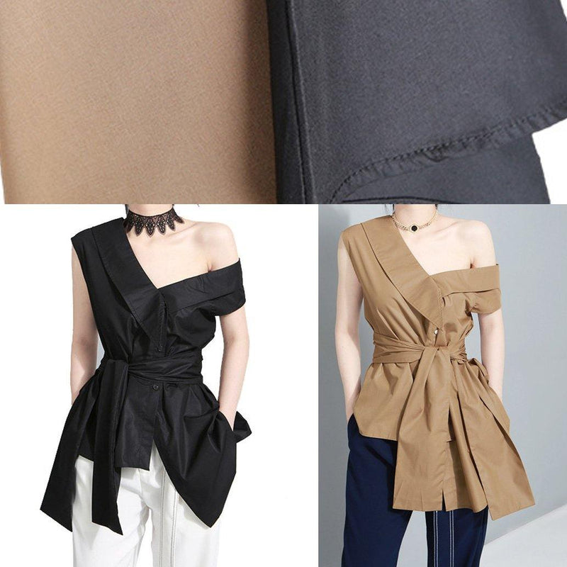 Khaki Cotton Clothes Tie Waist Art Summer Asymmetric Off the Shoulder Shirt