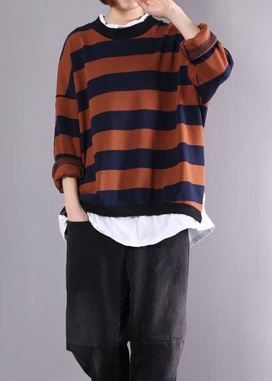 Khaki Striped Cotton Tunics for False Two Pieces Daily Autumn Shirt