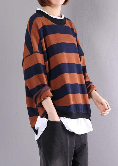 Khaki Striped Cotton Tunics for False Two Pieces Daily Autumn Shirt