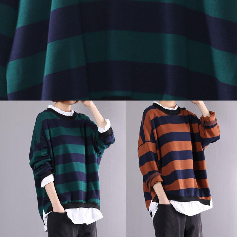 Khaki Striped Cotton Tunics for False Two Pieces Daily Autumn Shirt