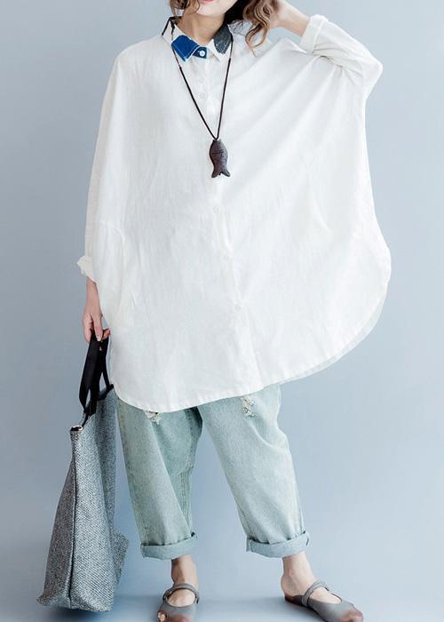 Lapel Batwing Sleeve Cotton Box Top Shape White Oversized Blouses Summer