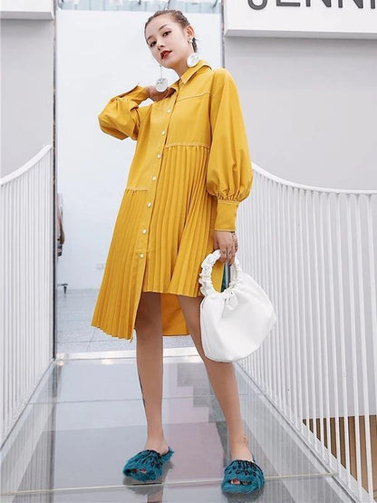 Lapel Asymmetric Cotton Clothes Outfits Yellow Dresses