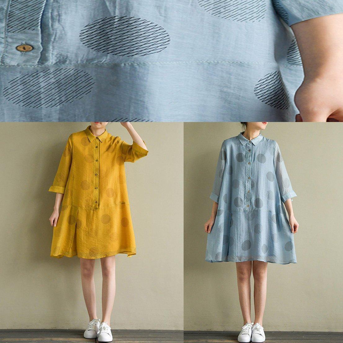 Lapel Half Sleeve Linen Robes Outfits Yellow Dotted Dress Summer