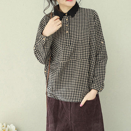Women lapel linen blouses for women fine Tutorials black Plaid box blouses