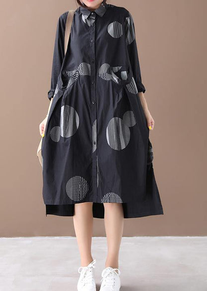 Lapel Low High Design Spring Clothes for Tutorials Black Dotted Dresses