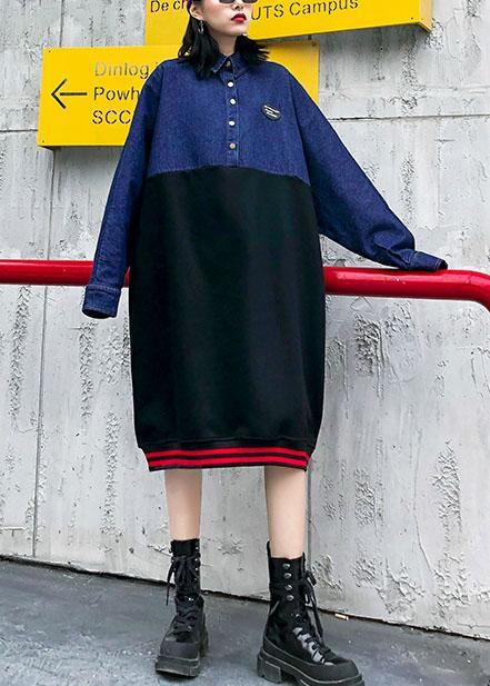 Lapel Patchwork Cotton Clothes for Pattern Black Dress