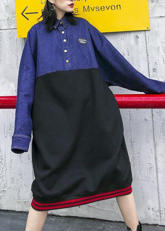 Lapel Patchwork Cotton Clothes for Pattern Black Dress