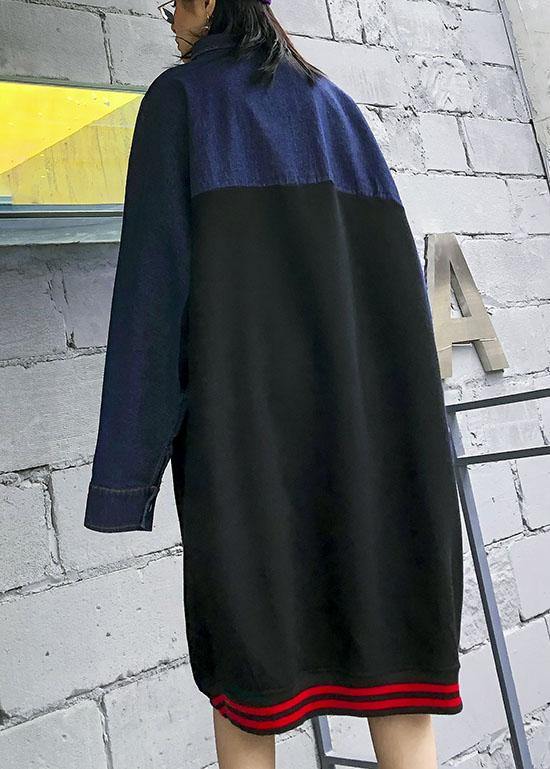 Lapel Patchwork Cotton Clothes for Pattern Black Dress