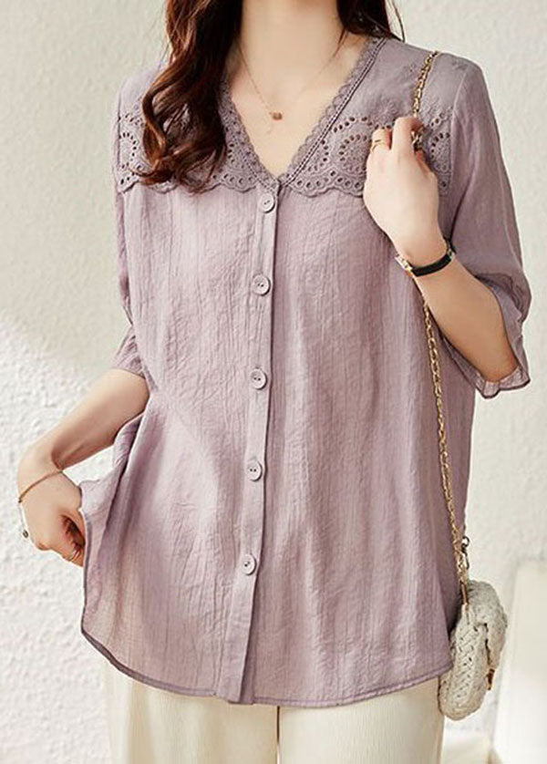 Light Purple V Neck Ruffled Lace Patchwork Cotton Top Summer