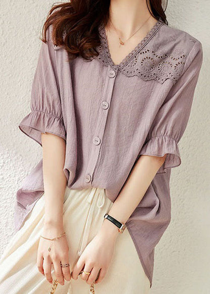 Light Purple V Neck Ruffled Lace Patchwork Cotton Top Summer