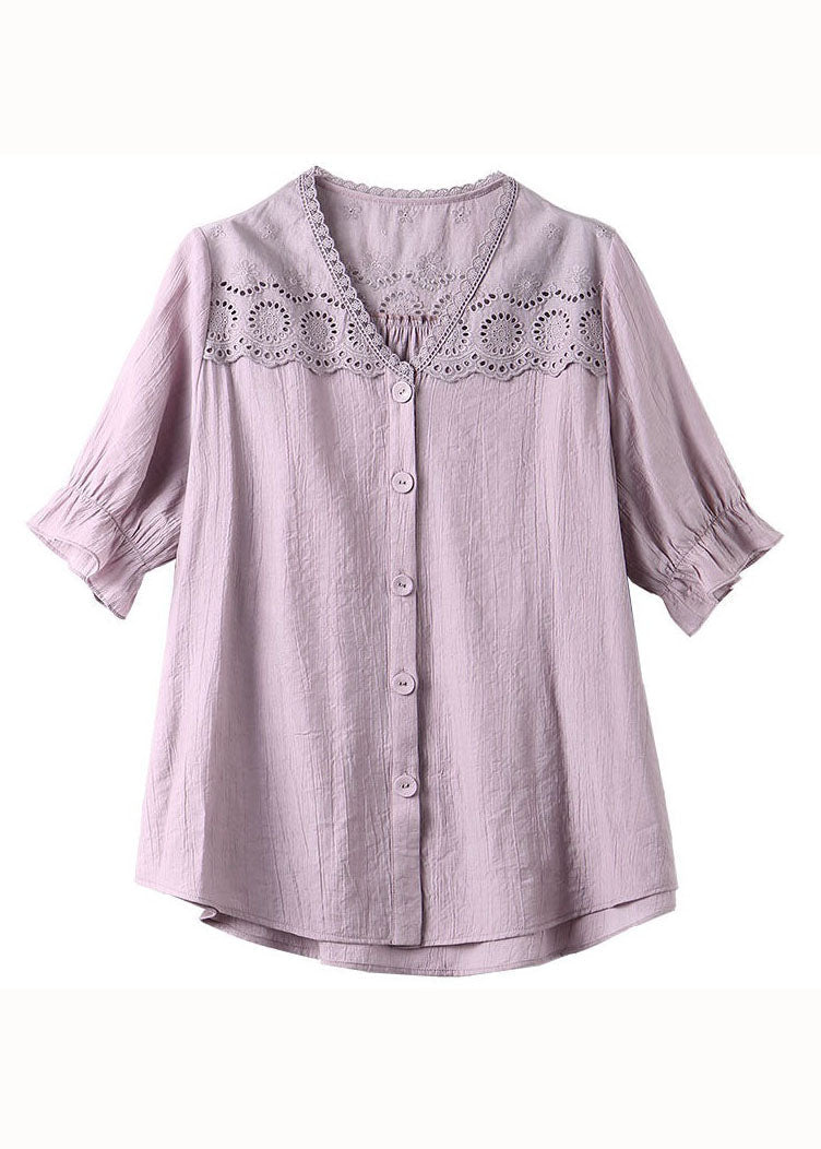 Light Purple V Neck Ruffled Lace Patchwork Cotton Top Summer