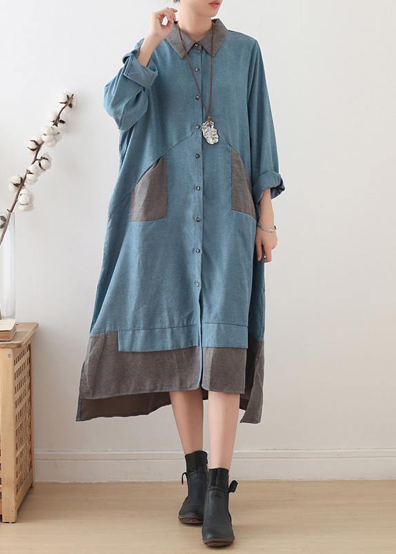 Light Blue Cotton Clothes Lapel Drawstring Dresses Fall Dress