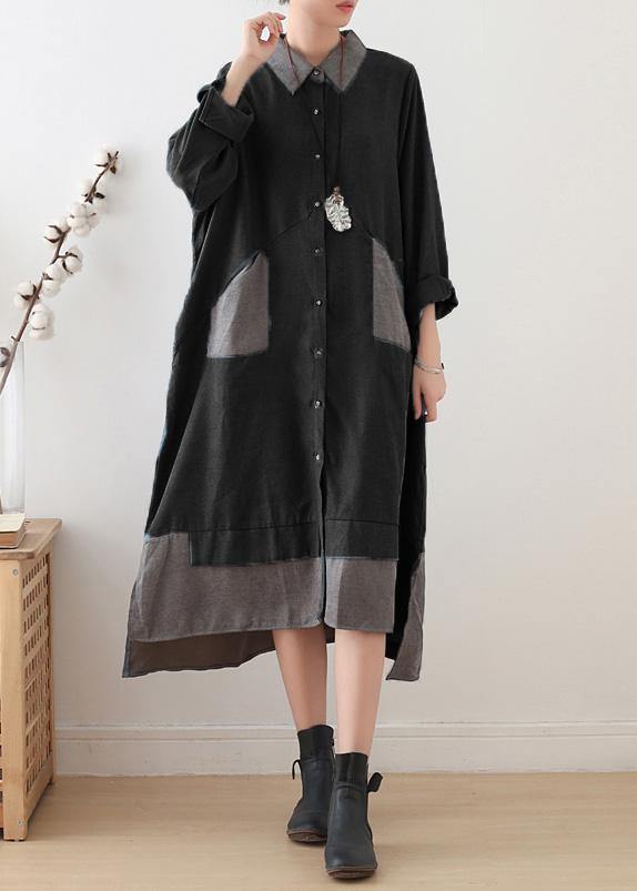 Light Blue Cotton Clothes Lapel Drawstring Dresses Fall Dress