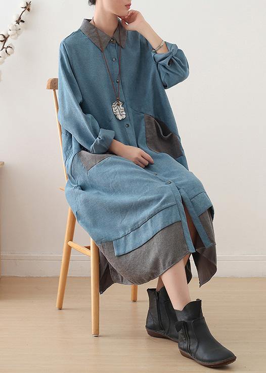 Light Blue Cotton Clothes Lapel Drawstring Dresses Fall Dress