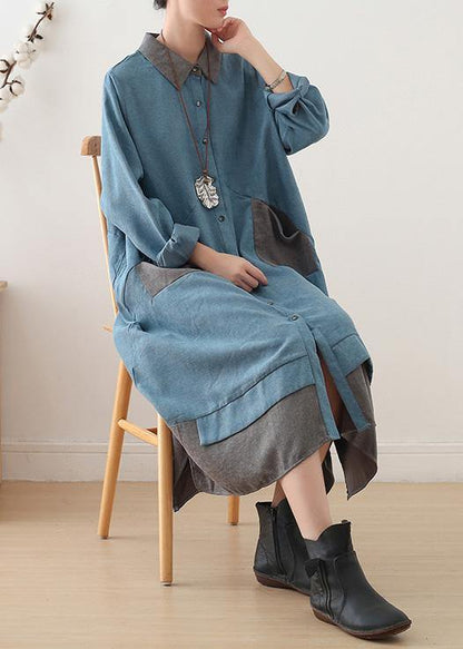 Light Blue Cotton Clothes Lapel Drawstring Dresses Fall Dress