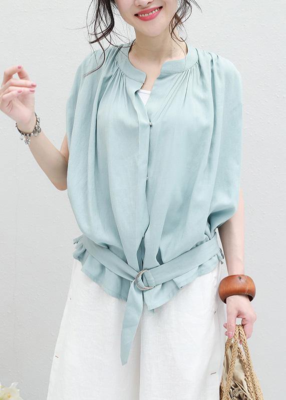 Light Blue Linen Box Top Cinched Ruffles Box Summer Blouses
