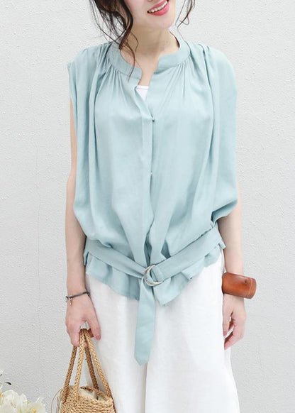 Light Blue Linen Box Top Cinched Ruffles Box Summer Blouses