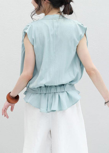 Light Blue Linen Box Top Cinched Ruffles Box Summer Blouses