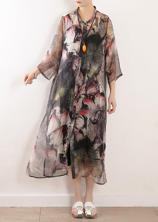 Light Gray Prints Blended Dress Photography Side Open Long Summer Dresses