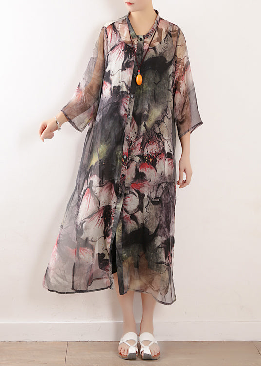 Light Gray Prints Blended Dress Photography Side Open Long Summer Dresses