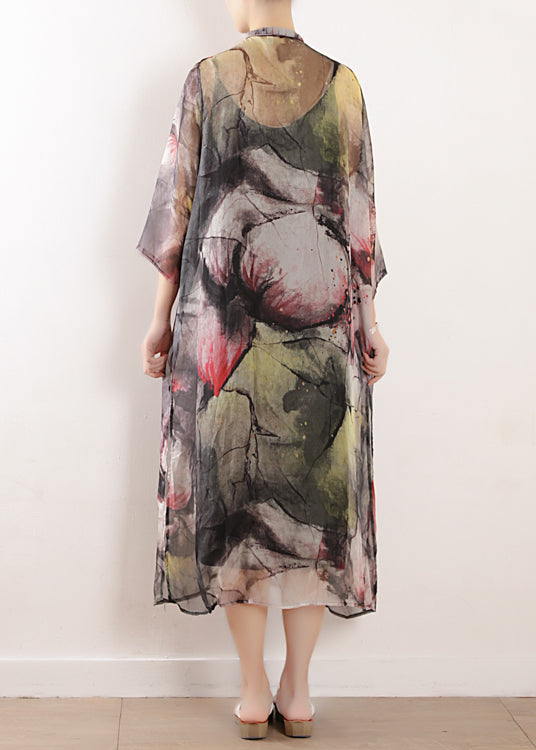 Light Gray Prints Blended Dress Photography Side Open Long Summer Dresses
