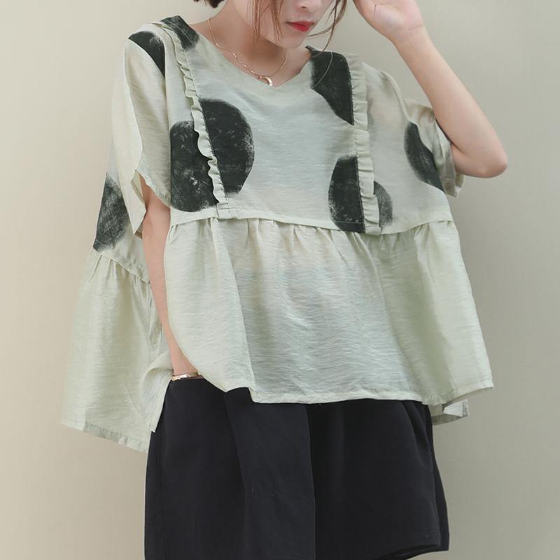 Light Green Dotted Cotton Blouse O Neck Loose Summer Blouse